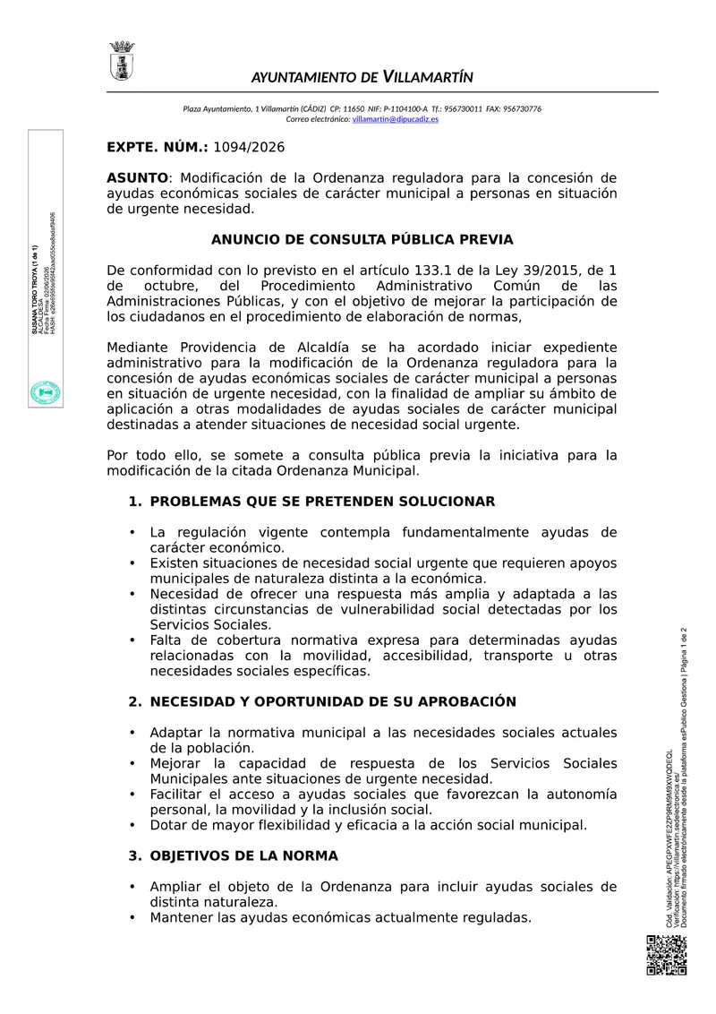 Villamartín abre consulta pública para mejorar las ayudas sociales de emergencia