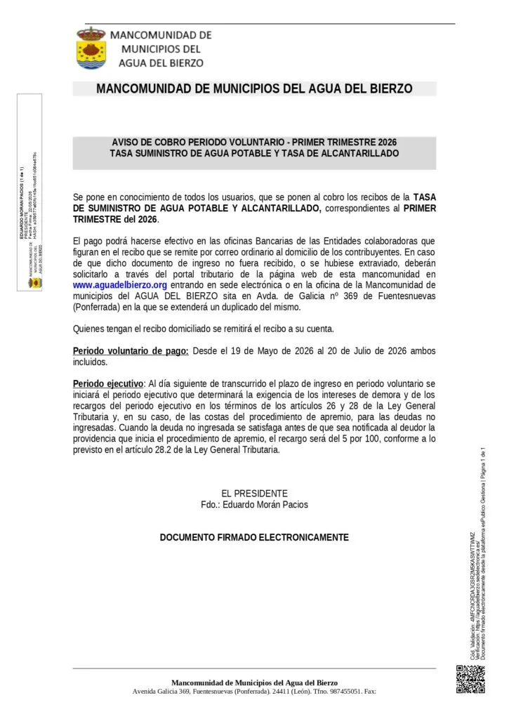 El Bierzo: Abierto el pago voluntario de la tasa de agua y alcantarillado hasta el 20 de julio