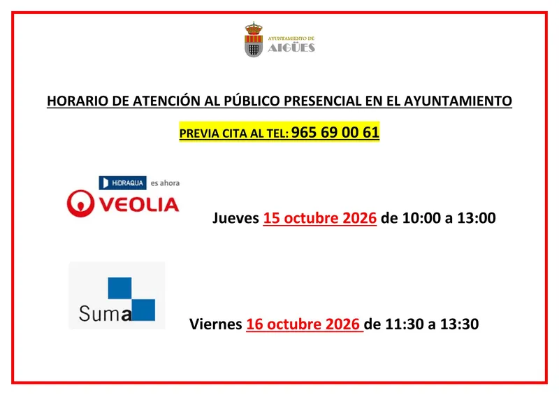 Aigües habilita atención presencial para SUMA y VEOLIA en el Ayuntamiento
