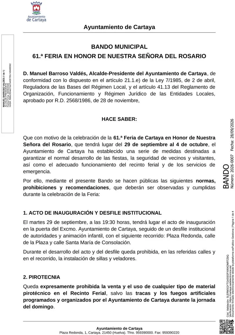 Cartaya publica bando para la Feria de Octubre y Fiestas del Rosario