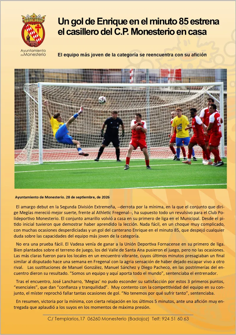 El C.P. Monesterio logra su primera victoria en casa con un gol agónico