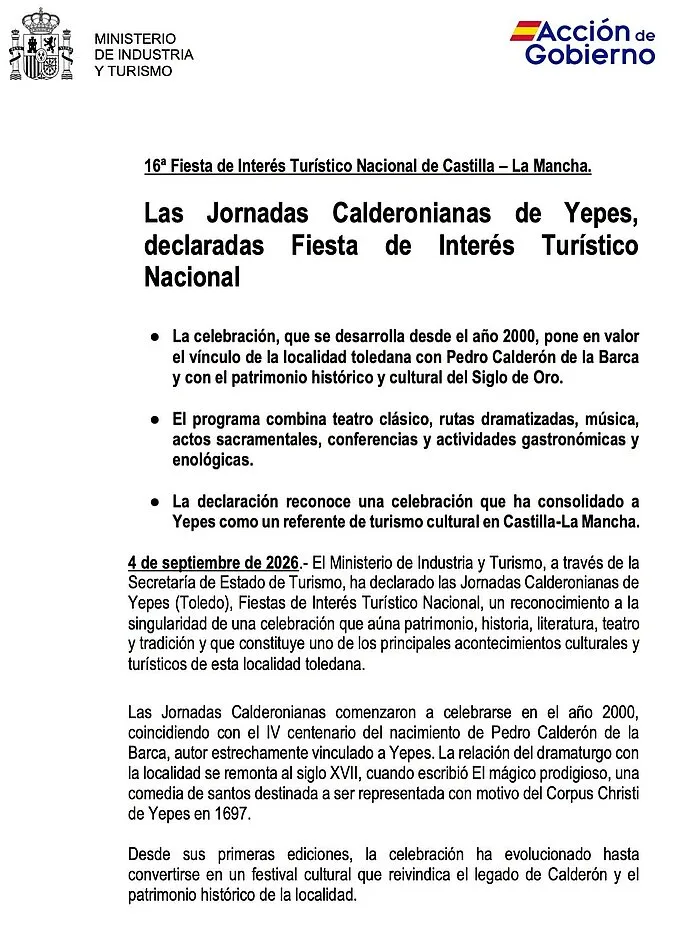 Las Jornadas Calderonianas de Yepes, declaradas Fiesta de Interés Turístico Nacional