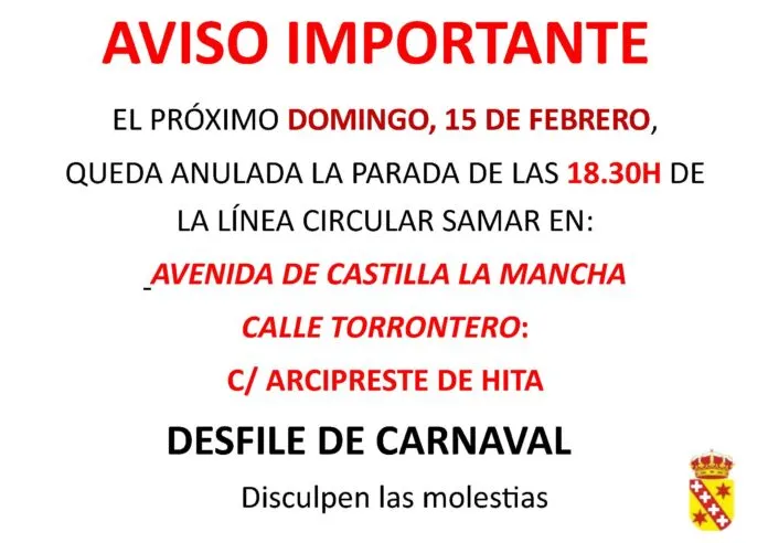 Cobisa: Anulación de paradas de autobús por Carnaval 2026
