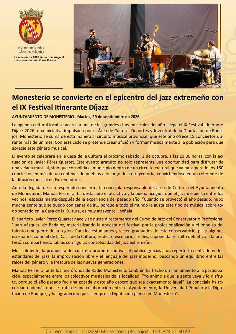Monesterio acoge la novena edición del festival de jazz Díjazz