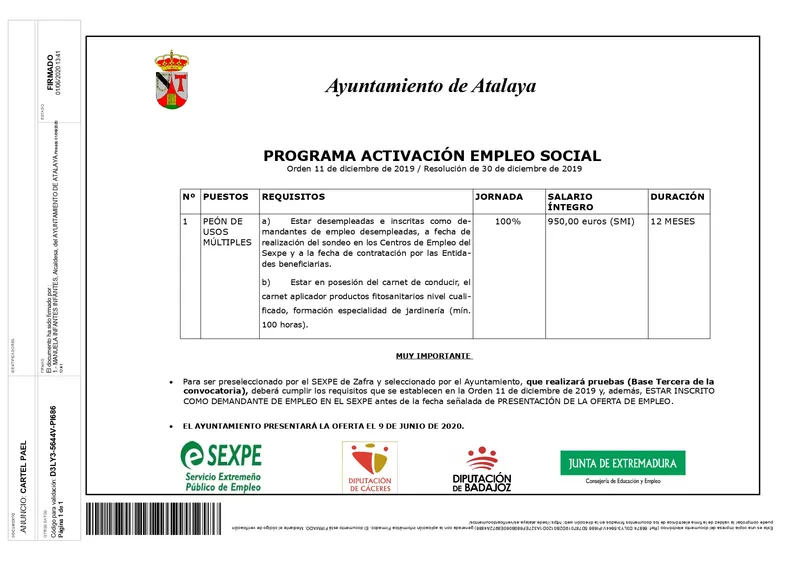 Atalaya lanza un programa para activar el empleo local con apoyo del SEXPE