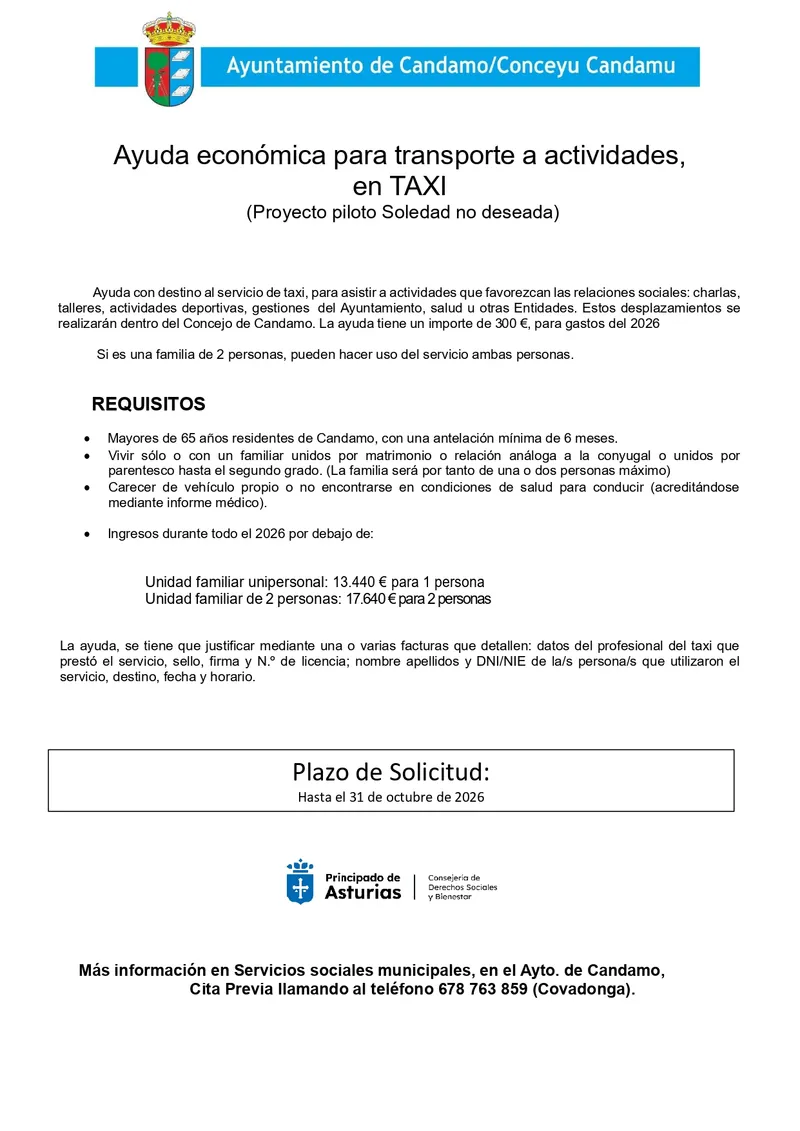 Candamo lanza una ayuda de 300€ para transporte en taxi a actividades para mayores de 65 años