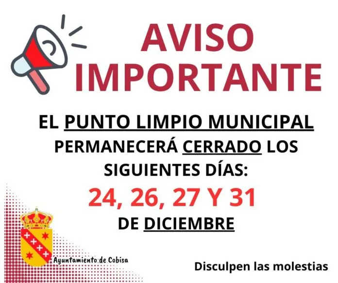 Cobisa informa sobre el horario del Punto Limpio durante las fiestas navideñas