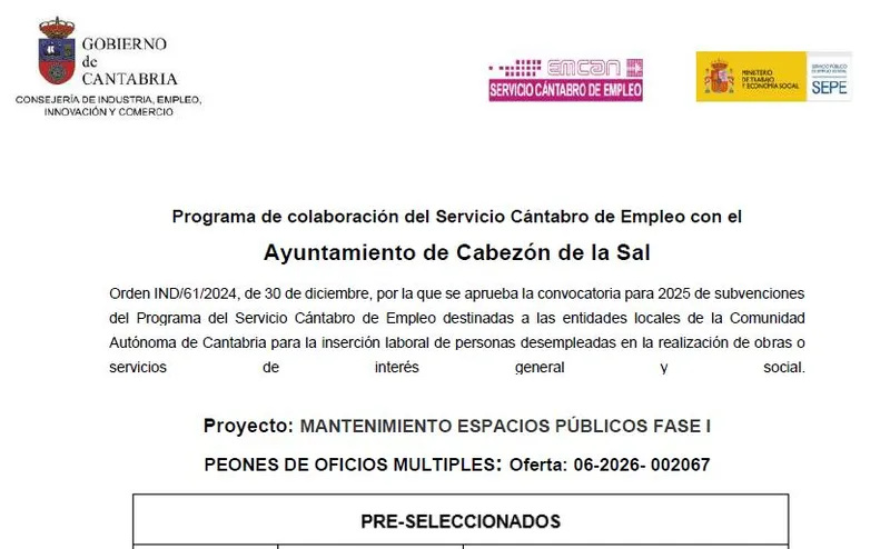 Cabezón de la Sal publica los resultados de la selección de nueve peones para mantenimiento de espacios públicos