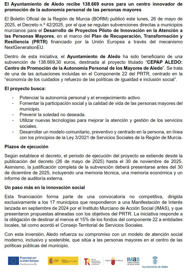 Aledo recibe más de 138.000 euros para un centro de autonomía personal para mayores