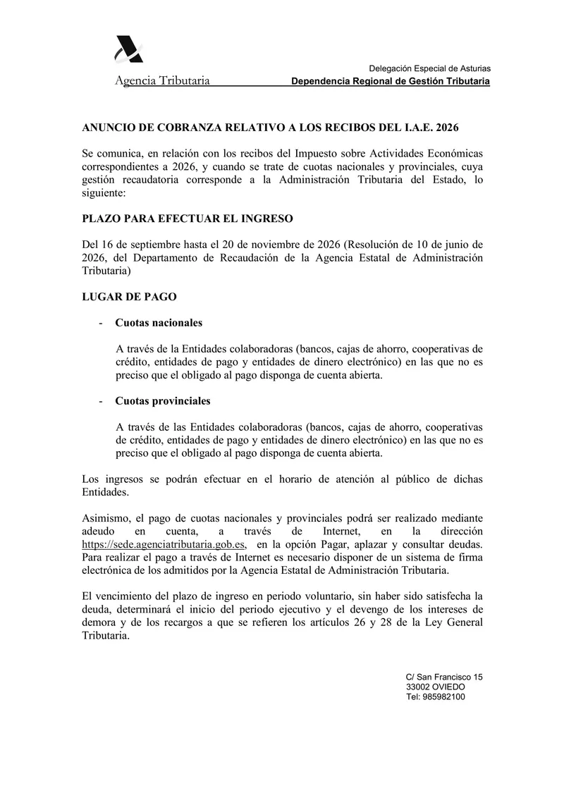Vegadeo informa sobre el plazo de pago del Impuesto de Actividades Económicas 2026