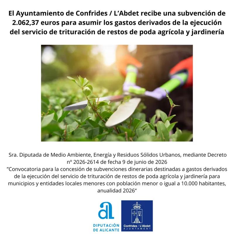 Confrides recibe una subvención para la trituración de restos de poda agrícola y de jardinería