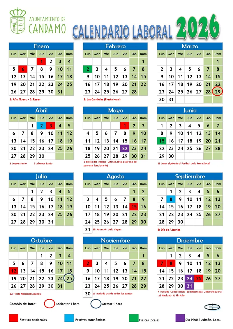 Candamo publica el calendario laboral para 2026 con 15 días festivos