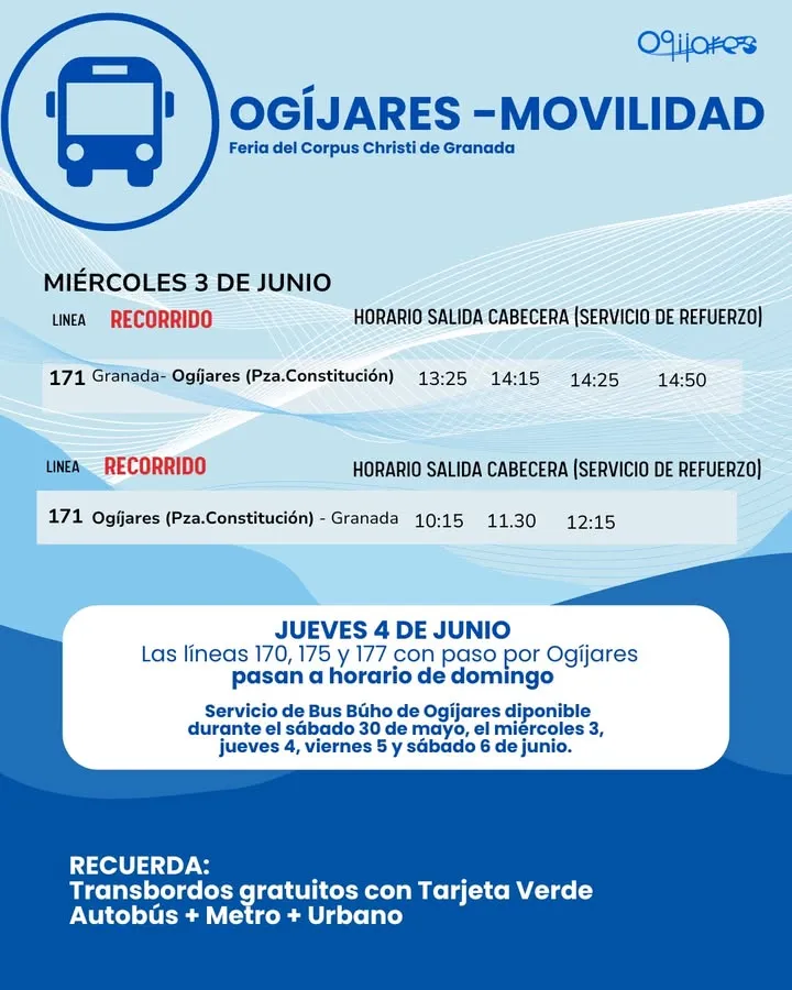 Refuerzo de autobuses en Ogíjares por el Corpus Christi y Tarjeta Verde gratuita