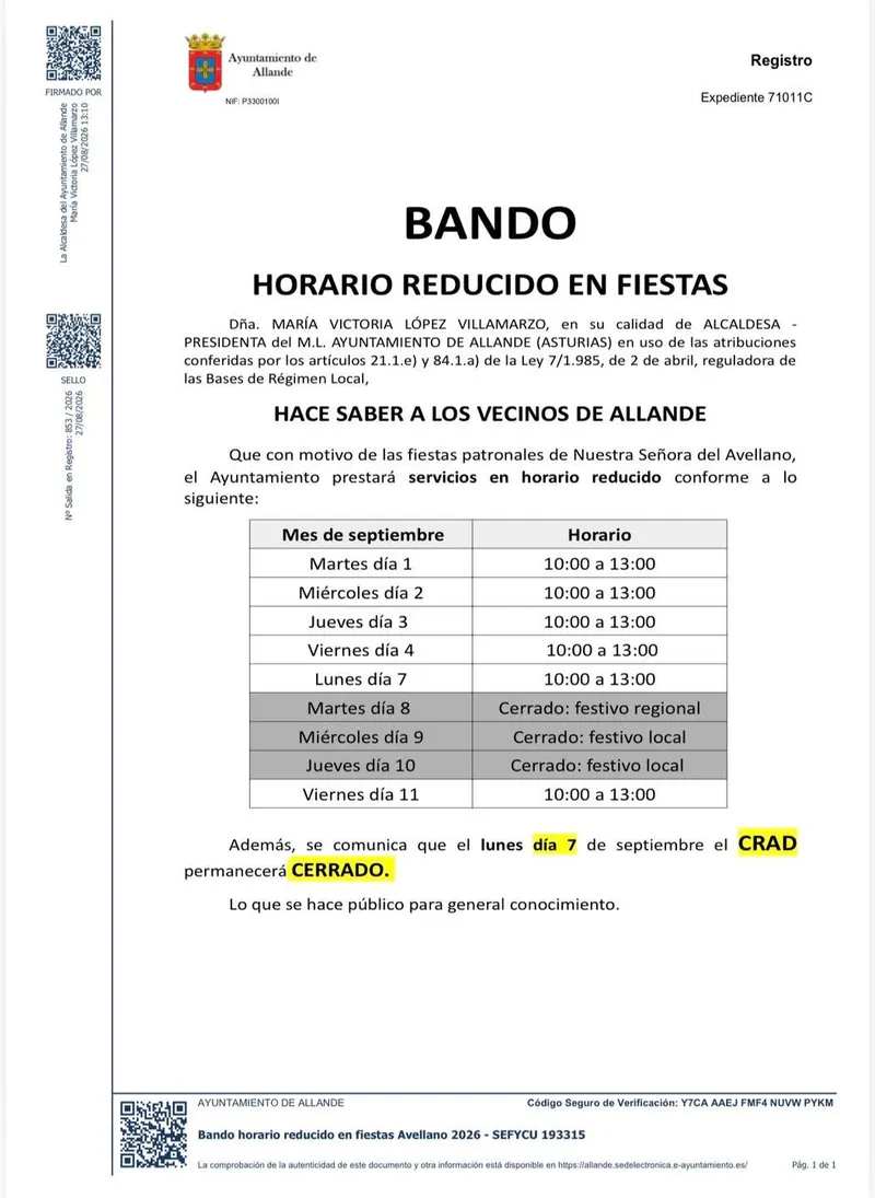 Allande publica el bando de fiestas y el horario de oficinas municipales para 2026