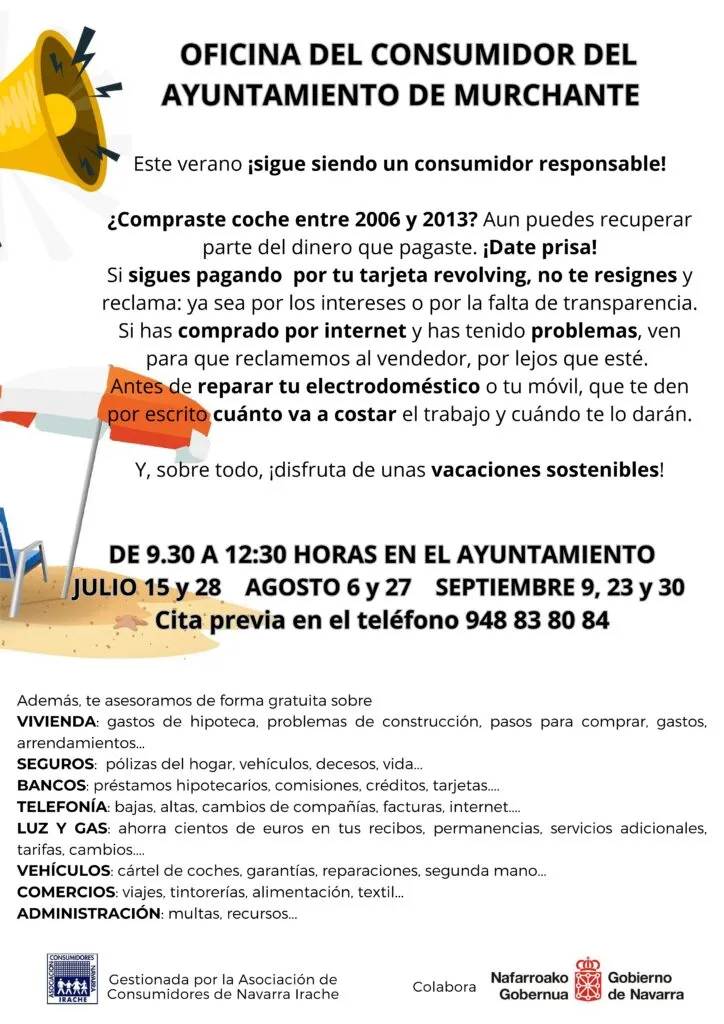 Murchante abre la Oficina de Consumidores en julio, agosto y septiembre