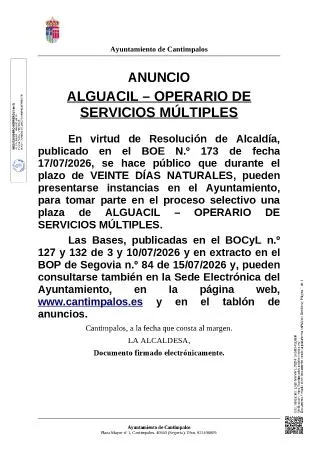 Cantimpalos convoca plaza de alguacil y operario de servicios múltiples