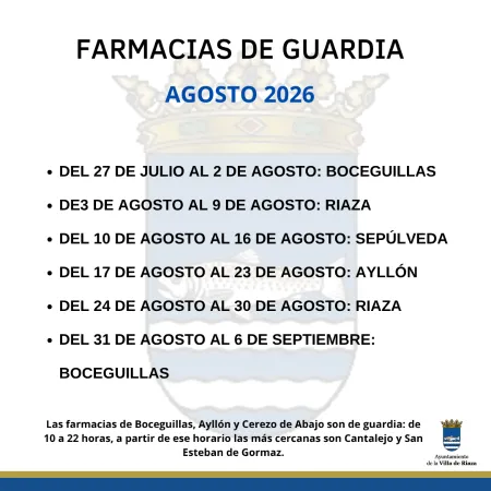 Farmacias de guardia en Riaza para el mes de agosto de 2026