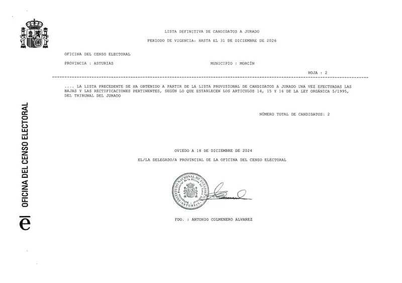 Morcín publica la lista definitiva de candidatos a jurado hasta 2026