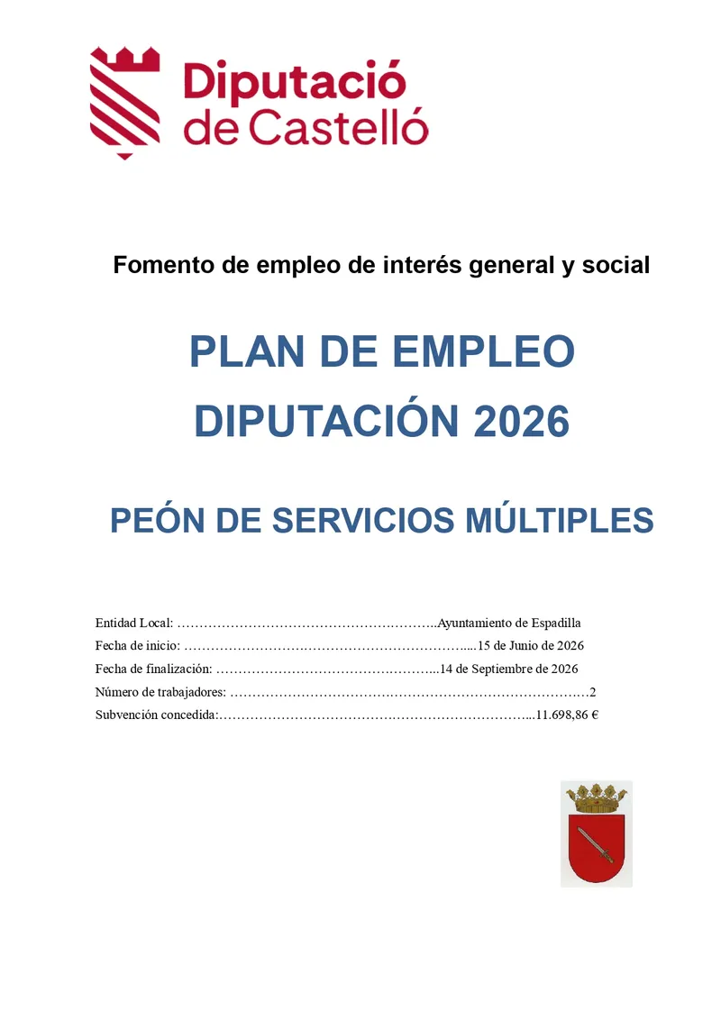 Espadilla contrata a dos desempleados con el Plan de Empleo 2026 de la Diputación
