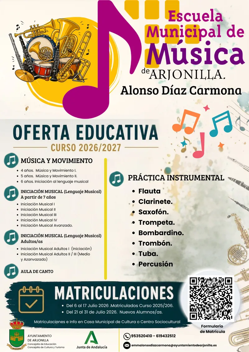 Arjonilla abre el plazo de matriculación para la Escuela Municipal de Música Alonso Díaz Carmona
