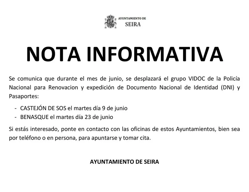 Castejón de Sos y Benasque expedirán DNI y Pasaporte en junio