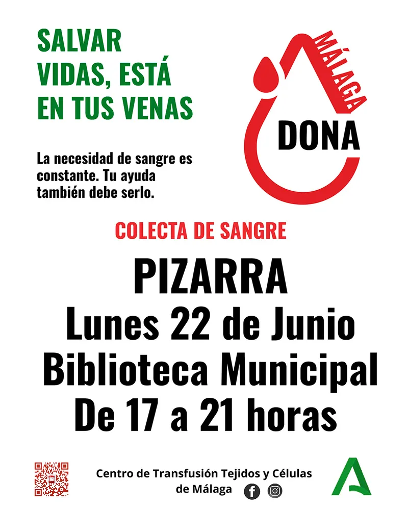 Pizarra organiza una colecta de sangre el 22 de junio en la Biblioteca