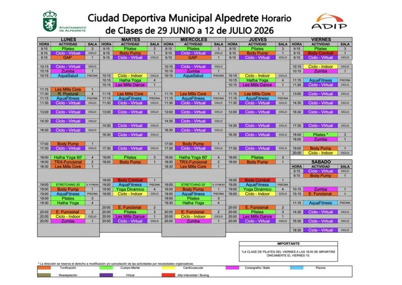 Alpedrete publica los horarios de clases deportivas para julio de 2026