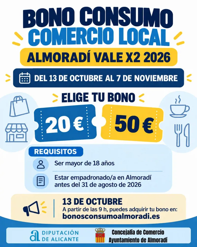 Almoradí lanza la VIII Campaña de Bono Consumo para impulsar el comercio local