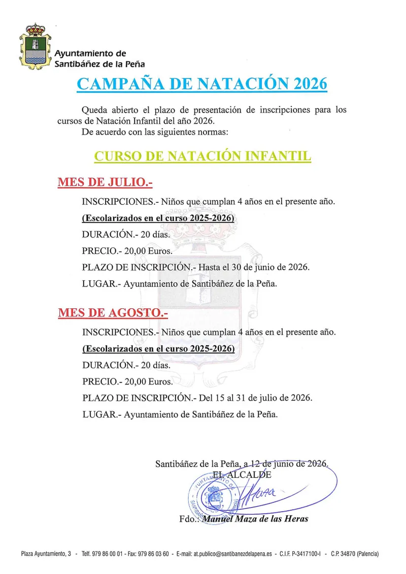 Santibáñez de la Peña abre inscripciones para su campaña de natación de 2026