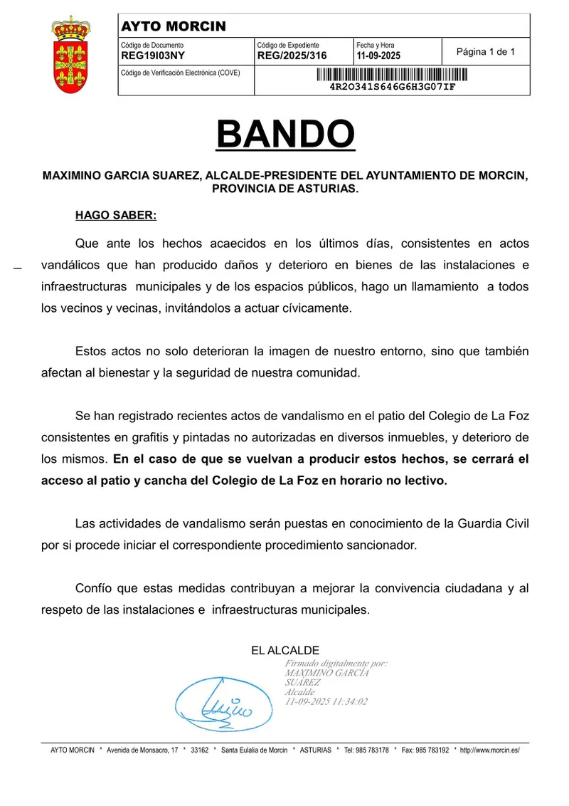 Morcín llama a la ciudadanía a erradicar los actos vandálicos