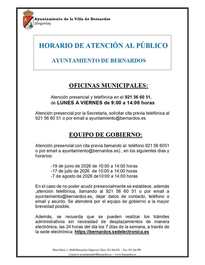 Ayuntamiento de Bernardos: Horario de atención al público y citas previas