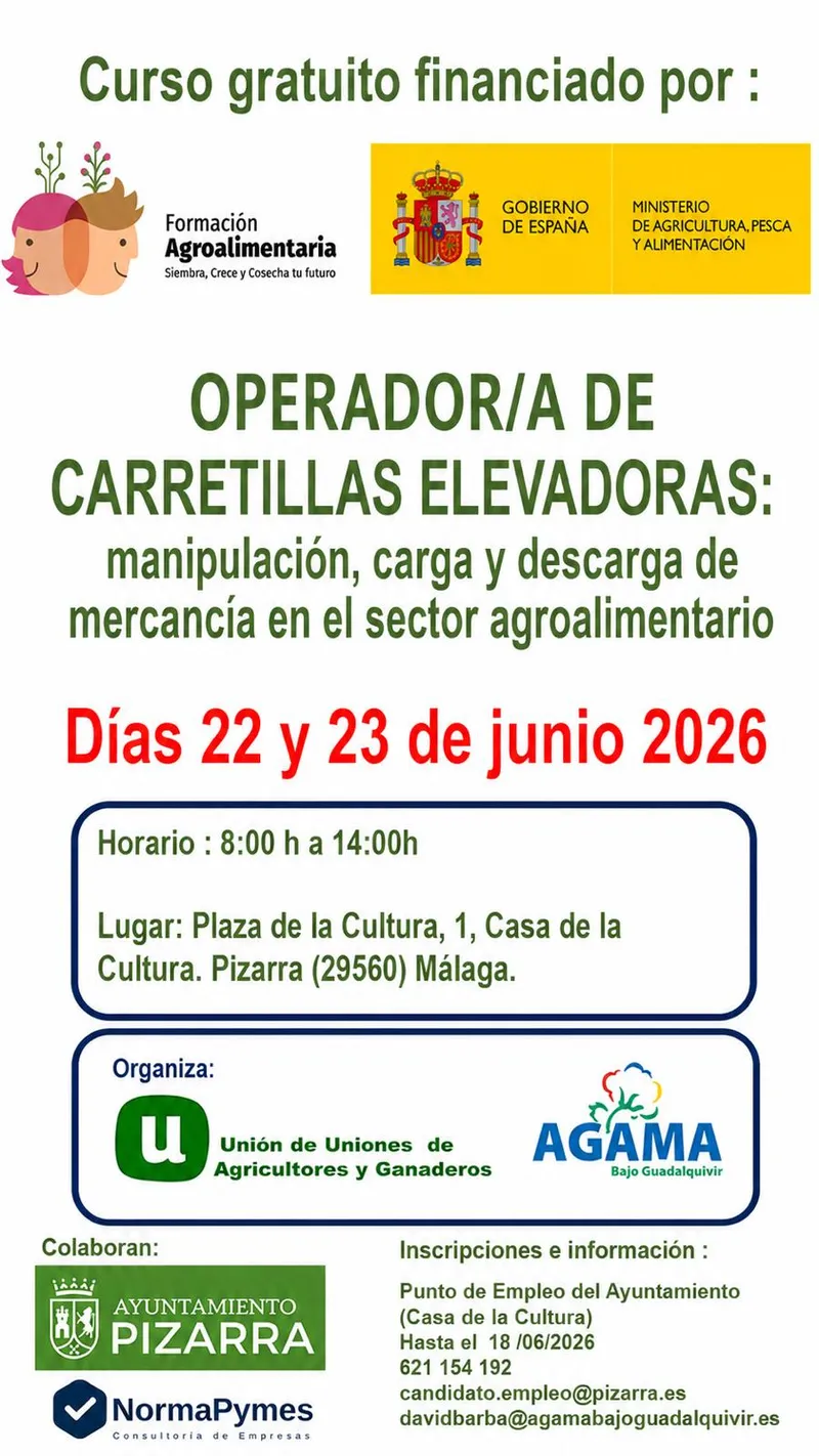 Pizarra lanza un curso gratuito de operador de carretilla elevadora para mejorar el empleo