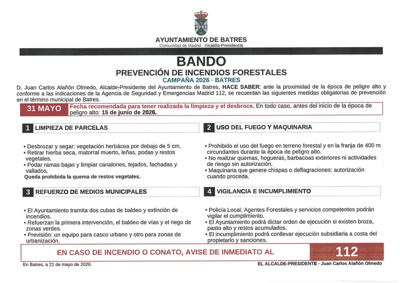 Batres recuerda la obligatoriedad de desbrozar parcelas para prevenir incendios