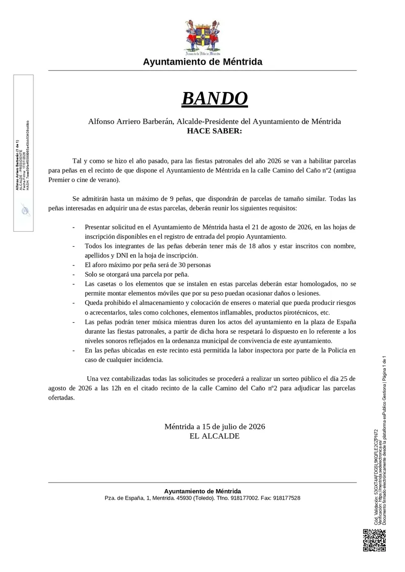 Méntrida abre el plazo para solicitar parcelas de peñas para las fiestas de 2026