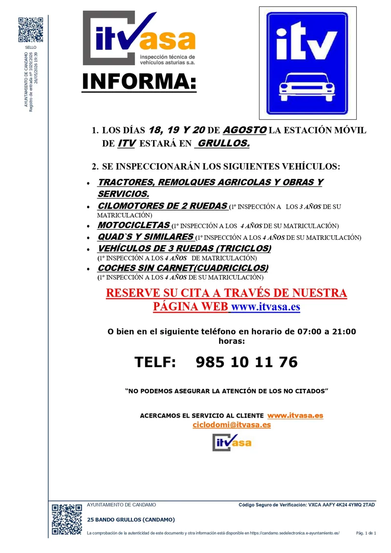 ITVASA Móvil llega a Grullos en agosto para inspección de vehículos agrícolas y ciclomotores
