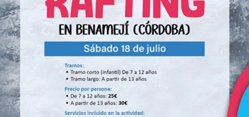 Rafting en el río Benamejí: Abierta la inscripción para la actividad del 18 de julio