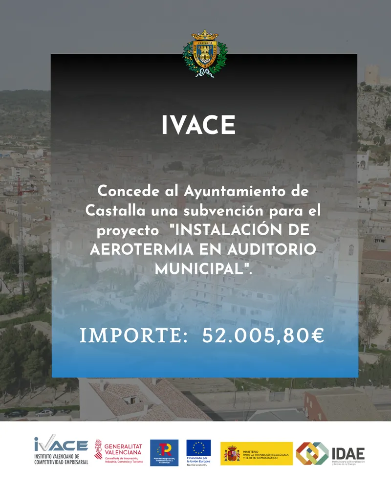 Castalla recibe 52.005 euros del IVACE para instalar aerotermia en el Auditorio Municipal