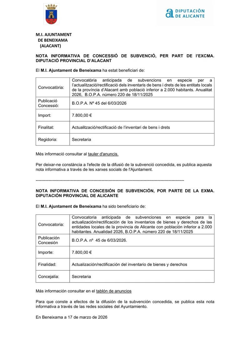 Beneixama recibe una subvención no dineraria de la Diputación de Alicante para actualizar su inventario de bienes