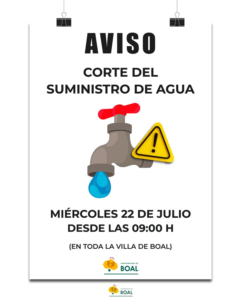 Corte de agua en Boal este miércoles 22 de julio por trabajos en la red
