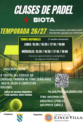 Abierta la inscripción para clases de pádel en Biota