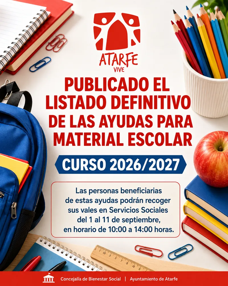 Atarfe publica el listado definitivo de ayudas para material escolar del curso 2026/2027