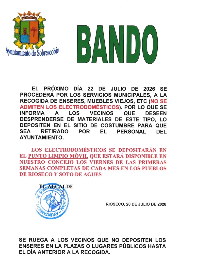 Sobrescobio organiza la recogida gratuita de muebles y enseres el 22 de julio