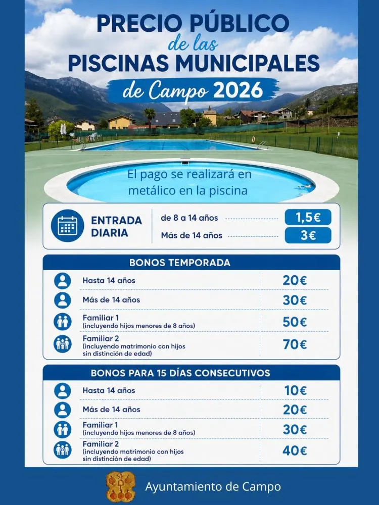 El Ayuntamiento de Campo publica las tarifas de la piscina municipal para el verano 2026