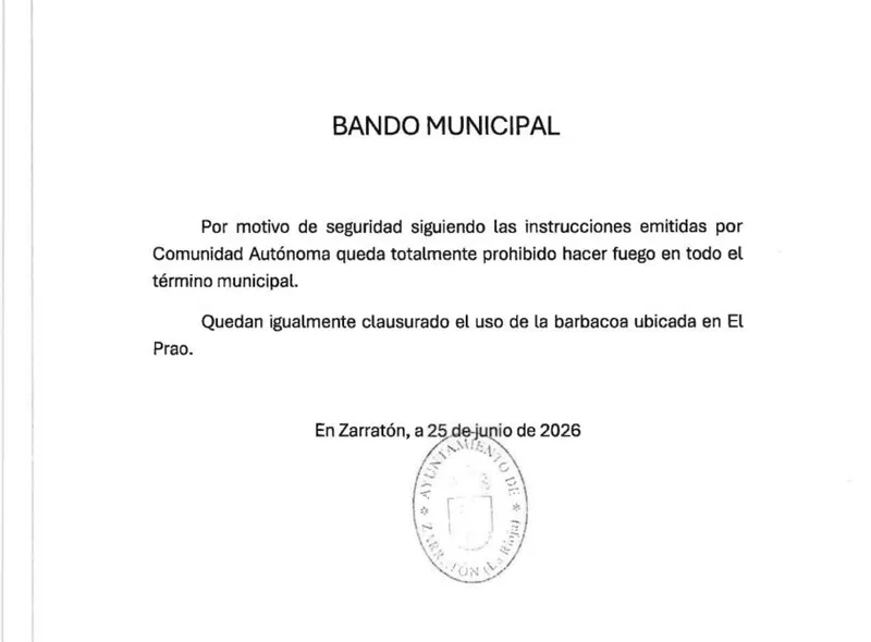 Zarratón prohíbe el fuego en todo el término municipal ante el riesgo de incendios