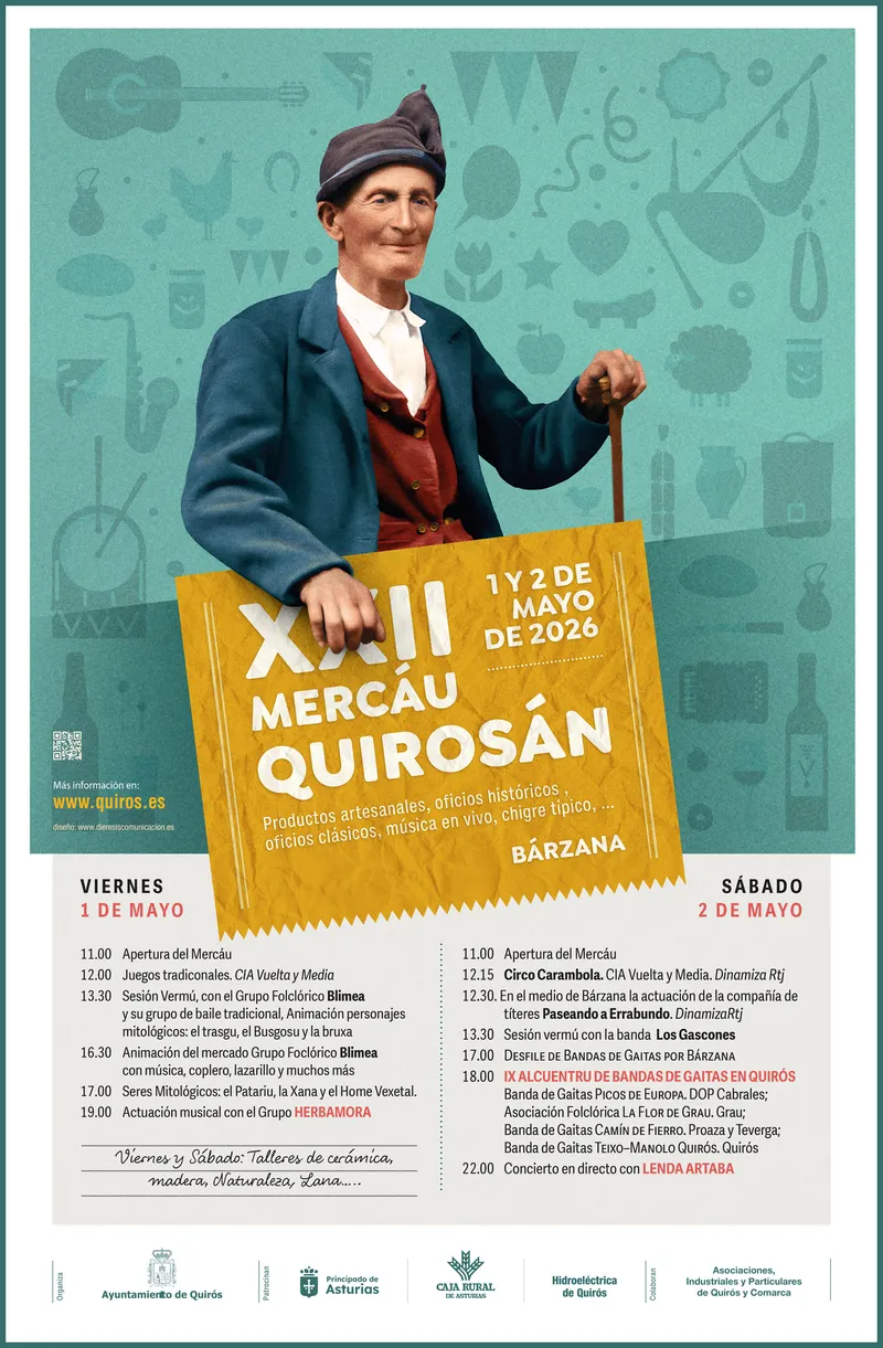 Quirós celebra el XXII Mercáu Quirosán y el IX Alcuentru de Bandas de Gaitas en mayo de 2026
