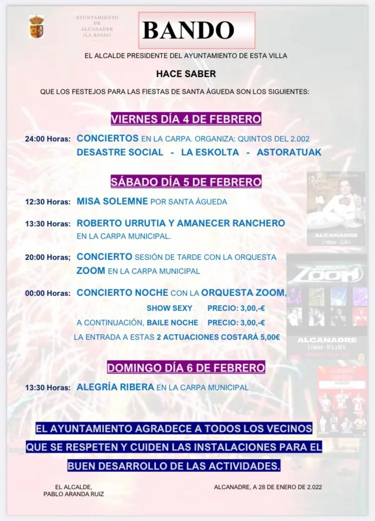 Alcanadre anuncia las fiestas en honor a Santa Águeda con un bando oficial