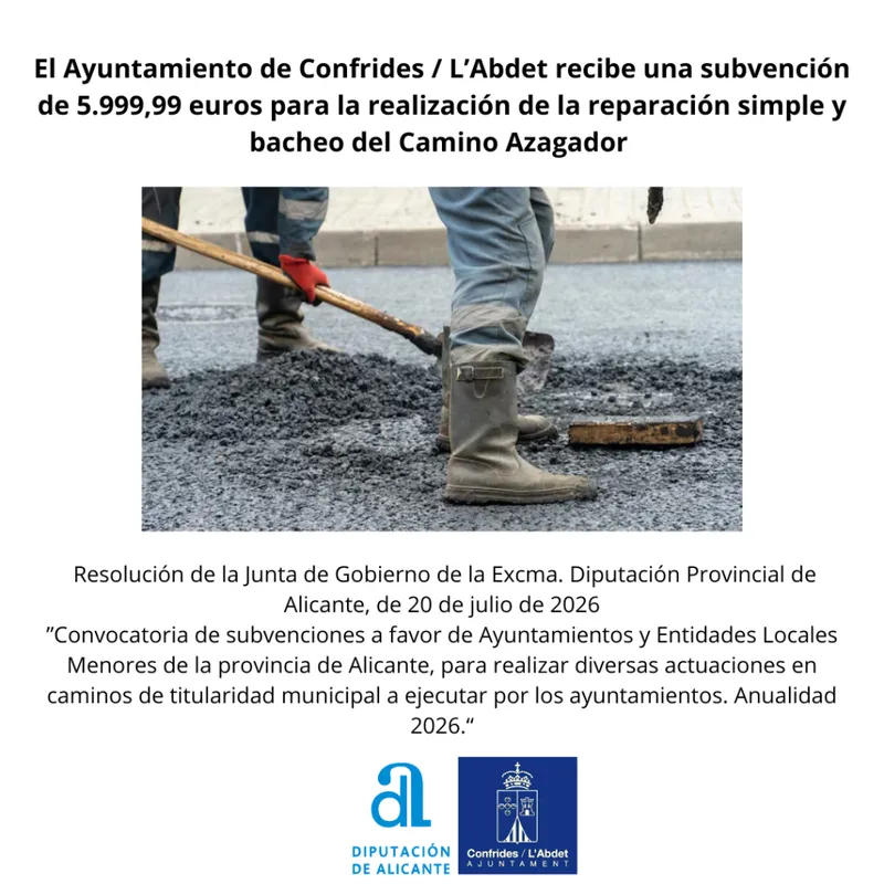 Confrides recibe casi 6.000 euros de la Diputación de Alicante para reparar el Camino Azagador