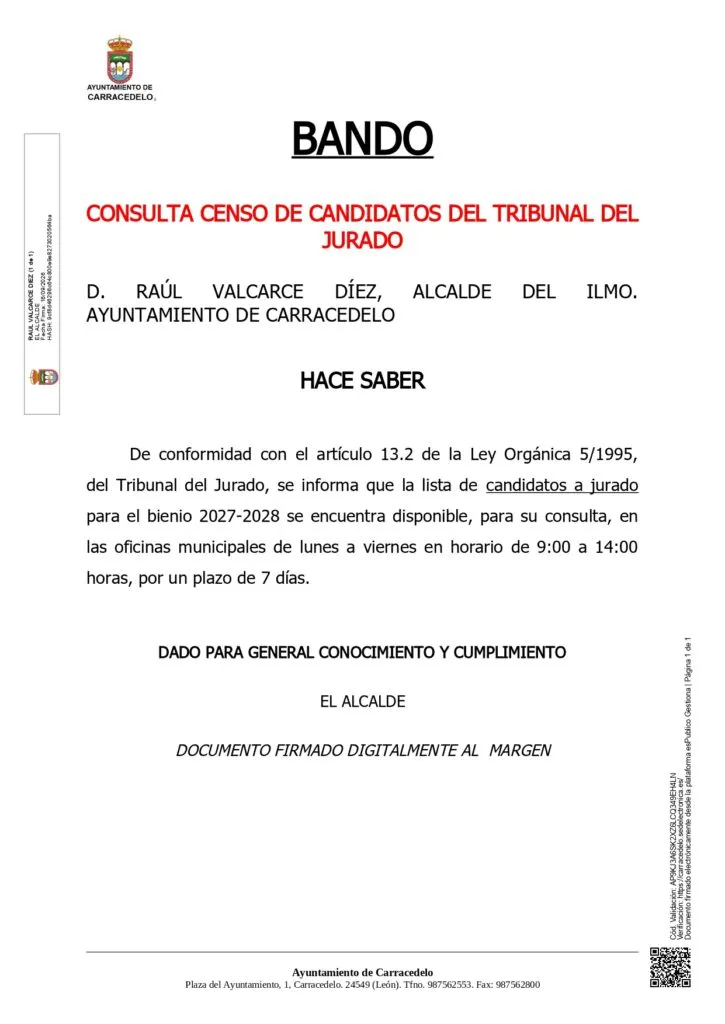 Carracedelo abre el plazo para la lista de candidatos a jurado para el bienio 2027-2028