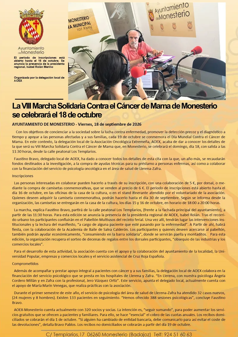 Monesterio organiza la VIII Marcha Solidaria contra el Cáncer de Mama el 18 de octubre