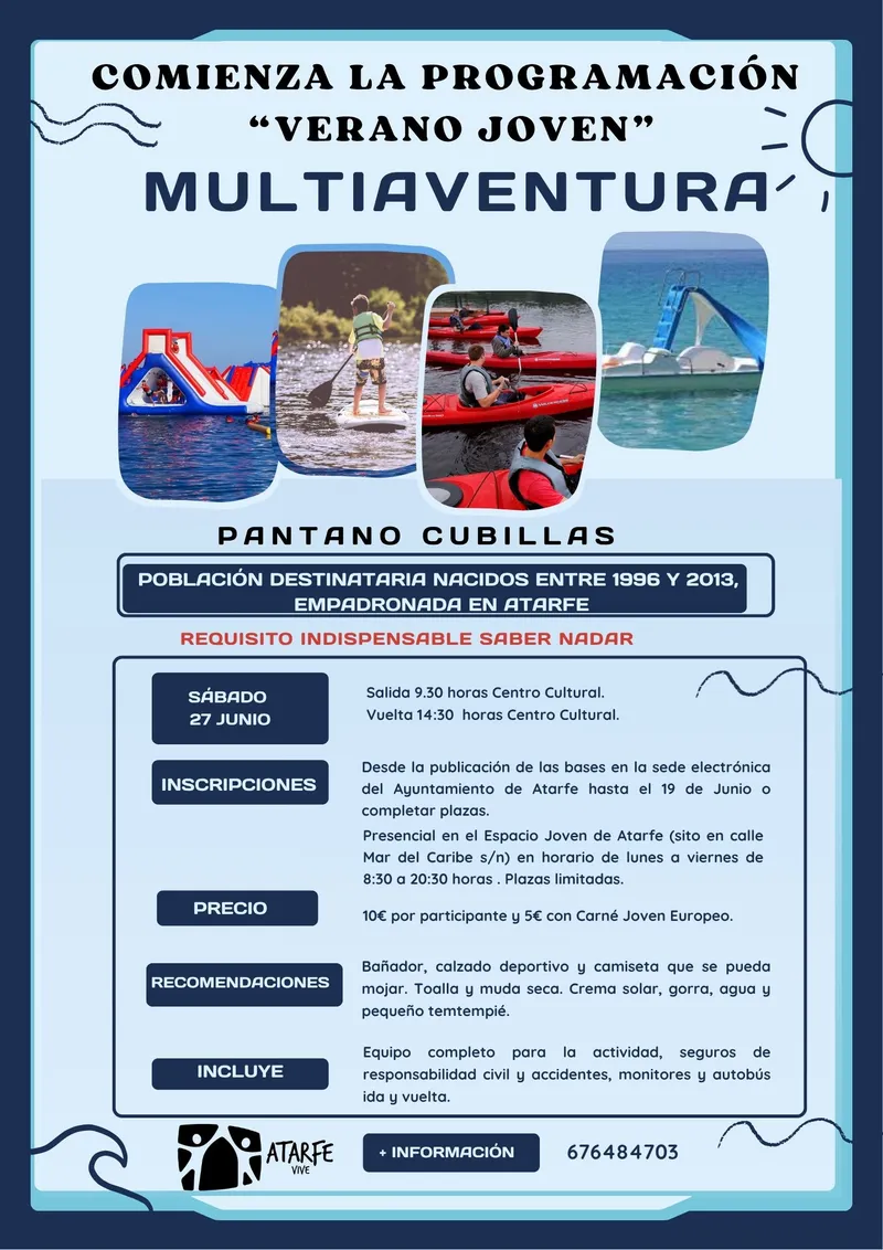 Atarfe organiza una jornada de multiaventura acuática para jóvenes en el Pantano de Cubillas